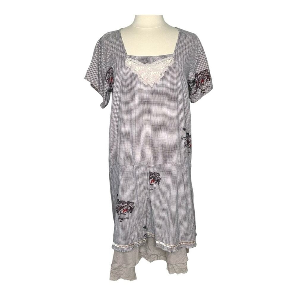 Ewa i Walla Blue Grey Check Relaxed Lagenlook Boheimian Avantgarde Dress Large